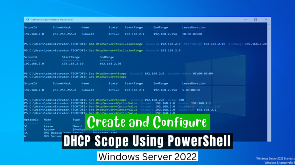 Create and Configure a DHCP Scope in Windows Server 2022 Using PowerShell